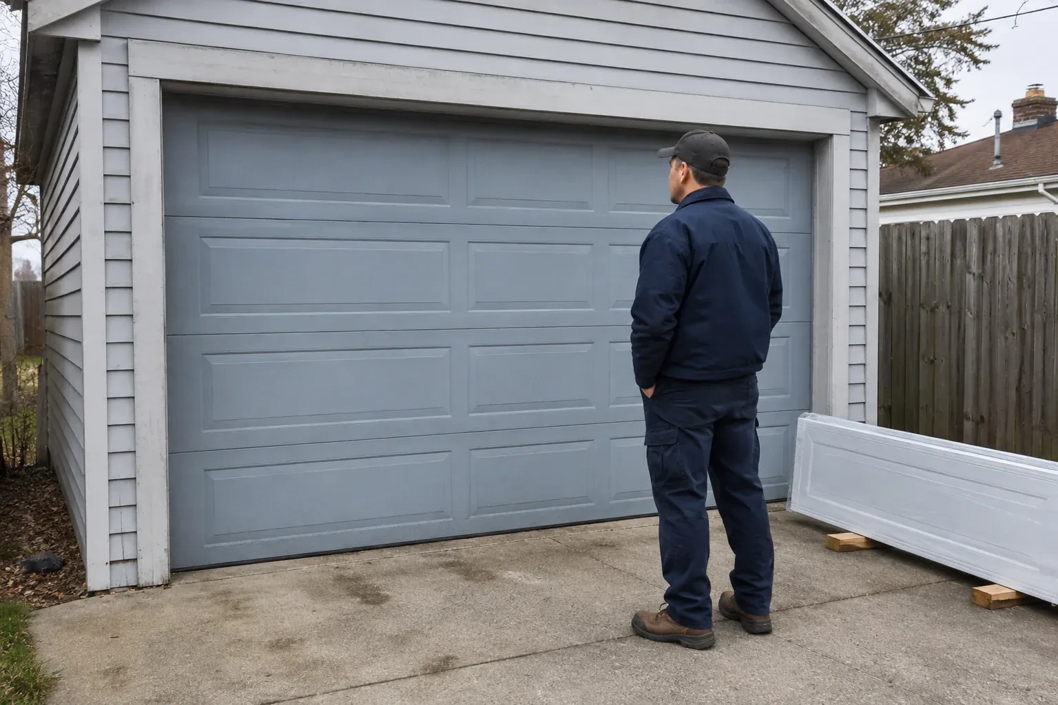 A person examines a blue-grey sectional garage door with a packaged door panel resting beside the driveway. — Sectional Garage Door Replacement, Brampton