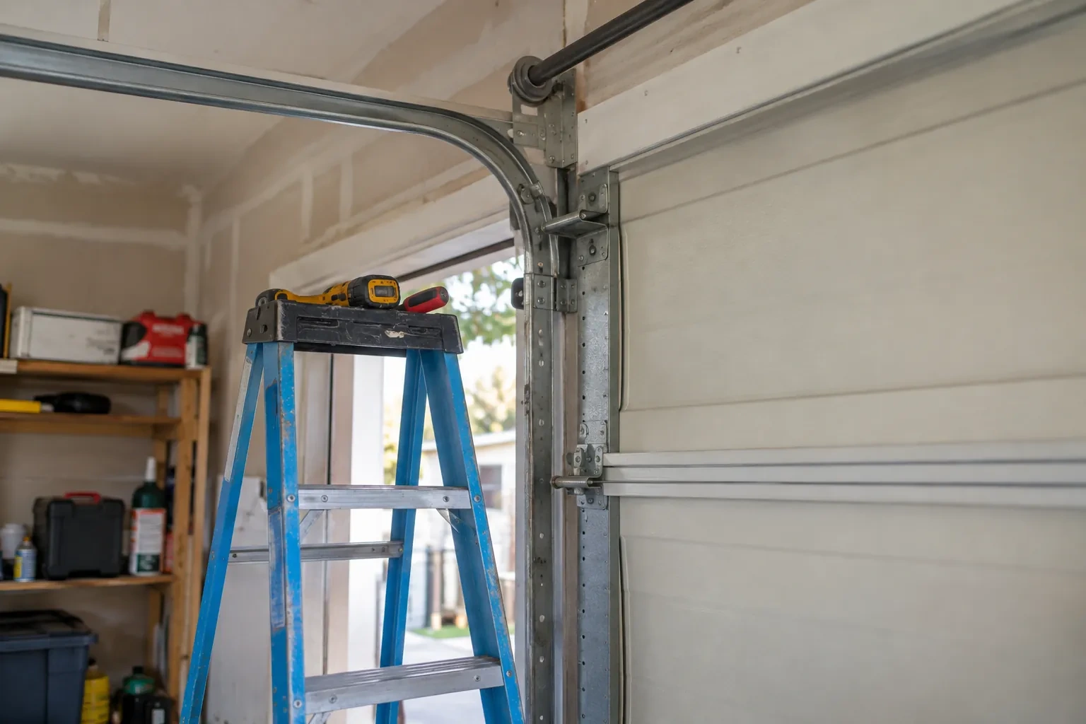 Blue stepladder with a yellow drill and a red tool on top, beside a curved metal door track and a cream door.