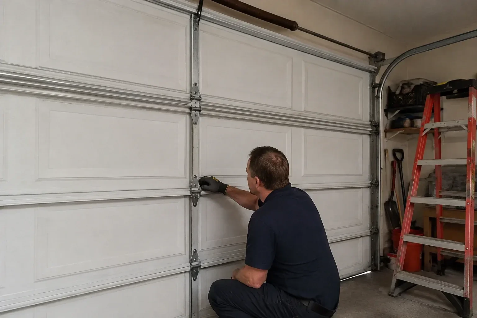 A person examines a central hinge joining two sections of a closed garage door. — Garage Door Hinge Replacement, Brampton