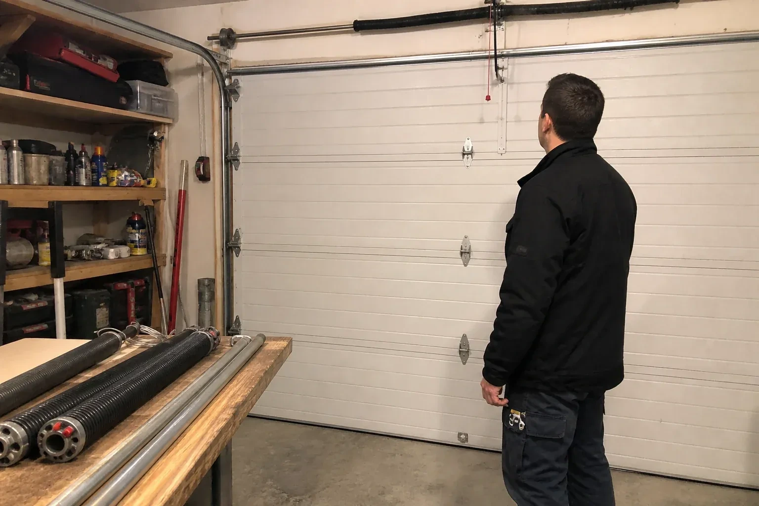 Person in a jacket facing a closed white sectional door, with coiled springs and steel tubes on a wooden bench. — Extension Spring Replacement, Brampton