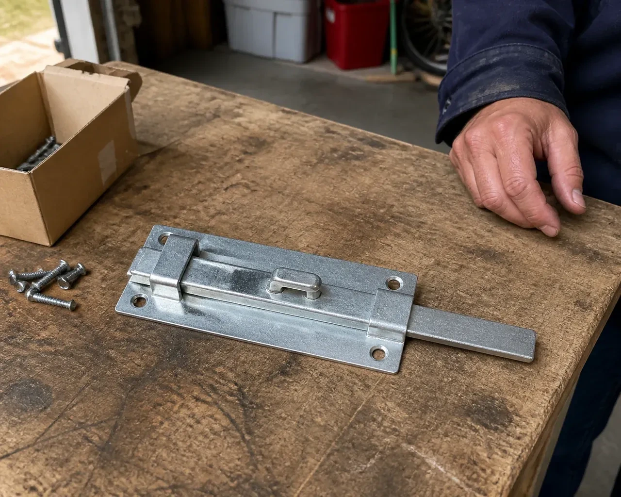A detached metal slide bolt with mounting holes and retaining guides rests beside screws on a workbench. — Garage Door Manual Lock Repair, Brampton