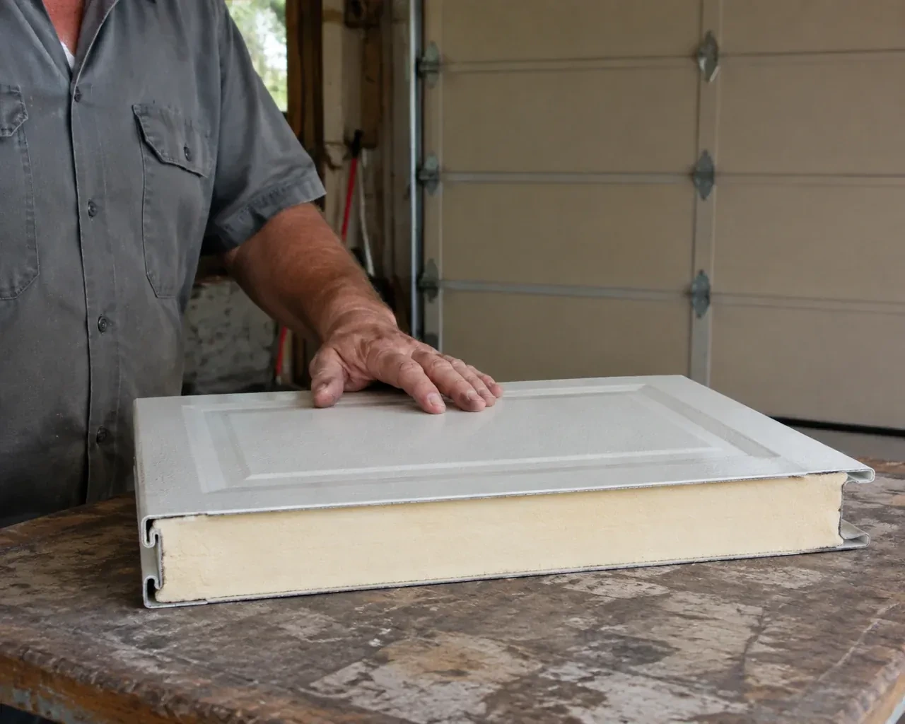 A panel sample exposes a cream foam core between thin metal faces on a garage workbench. — Insulated Steel Garage Door Installation, Brampton