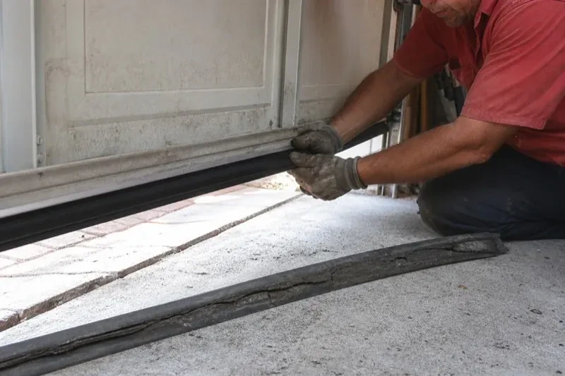 Person fitting a black strip along the bottom edge of a partly raised garage door, with a cracked strip lying on the floor. — Garage Door Bottom Seal Replacement, Brampton