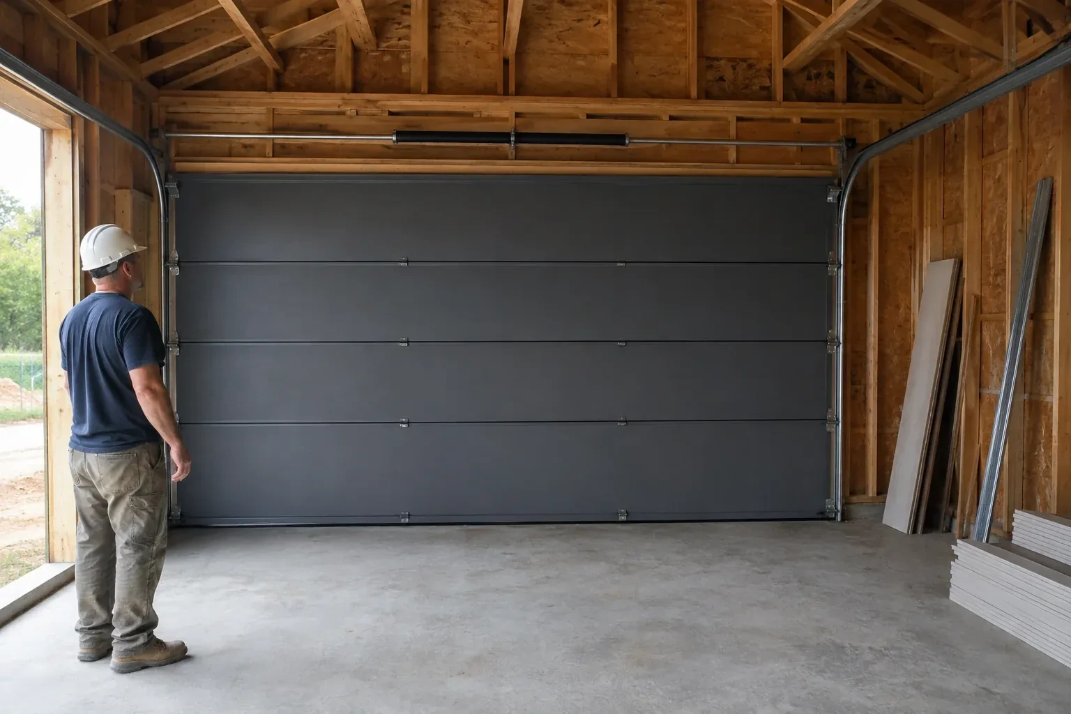 A person wearing a hard hat stands beside a dark sectional door in an unfinished timber-framed garage. — New-Construction Garage Door Installation, Brampton