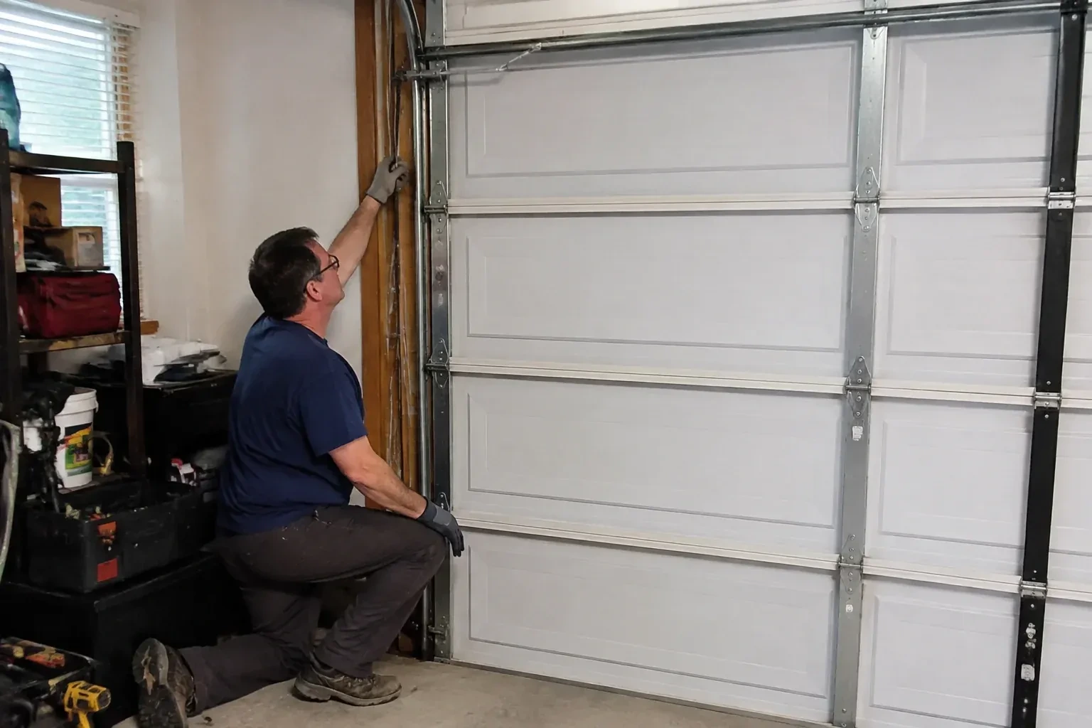 Person kneeling inside a garage reaching up along the vertical track of a white paneled door, with a toolbox and drill nearby. — Garage Door Cable Replacement, Brampton