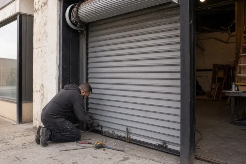Person kneeling beside the bottom of a metal rolling door with tools on the ground — Commercial Rolling Door Repair, Brampton
