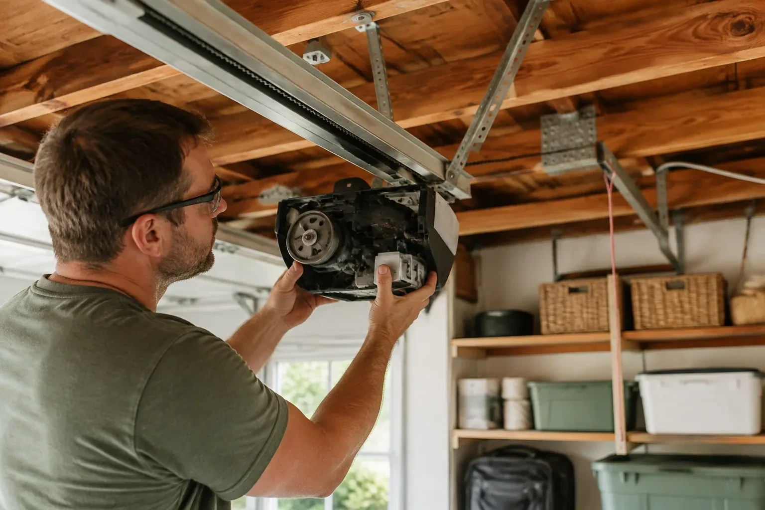 Person in a green shirt and glasses holding an opened opener housing that shows a gear, under wooden ceiling joists. — Belt-Drive Opener Repair, Brampton