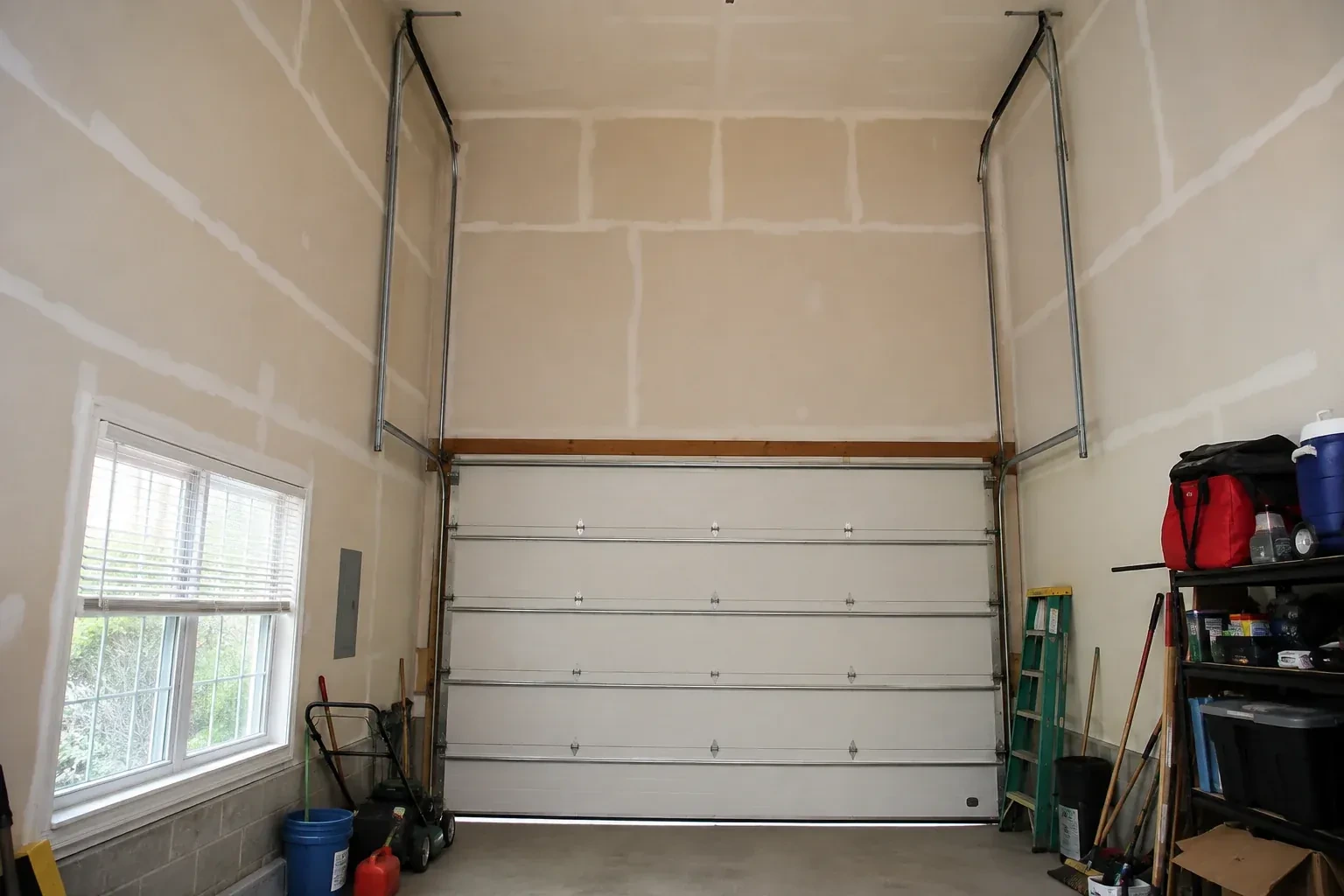 Tall garage interior with a sectional door and tracks extending into overhead space. — High-Lift Garage Door Conversion, Brampton